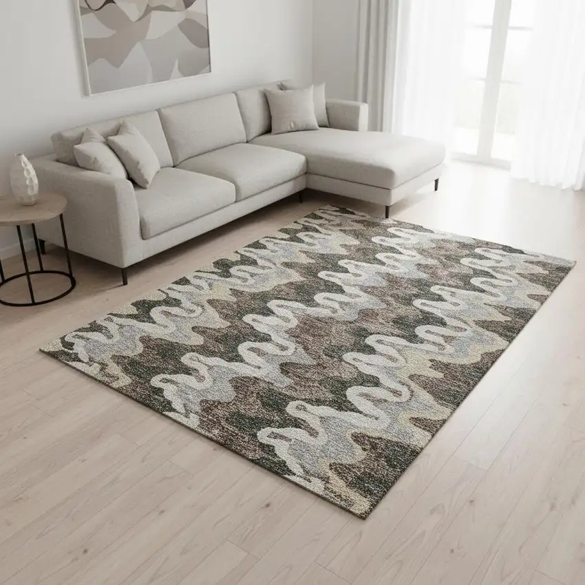 Charcoal Ivory And Gray Abstract Washable Area Rug With UV Protection Photo 2
