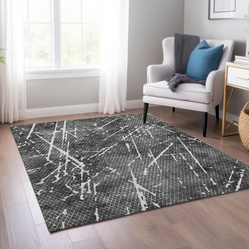 Charcoal Ivory And Gray Abstract Washable Indoor Outdoor Area Rug Photo 8