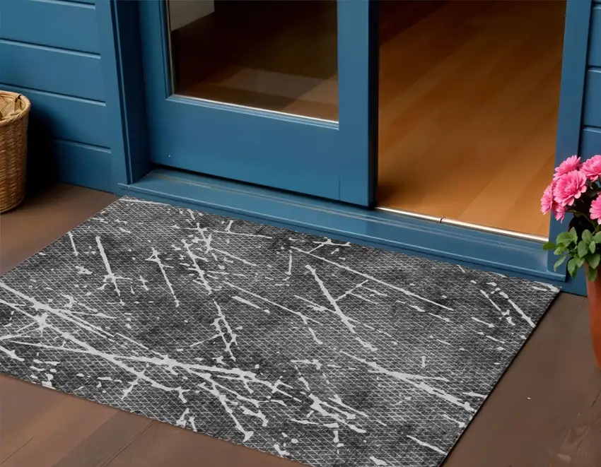 Charcoal Ivory And Gray Abstract Washable Indoor Outdoor Area Rug Photo 1