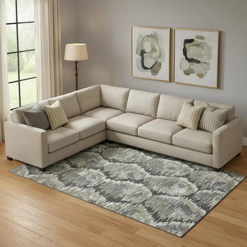 Charcoal Ivory And Gray Diamond Washable Area Rug With UV Protection Photo 1