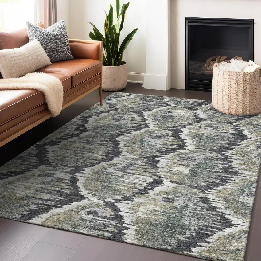Charcoal Ivory And Gray Diamond Washable Area Rug With UV Protection Photo 6