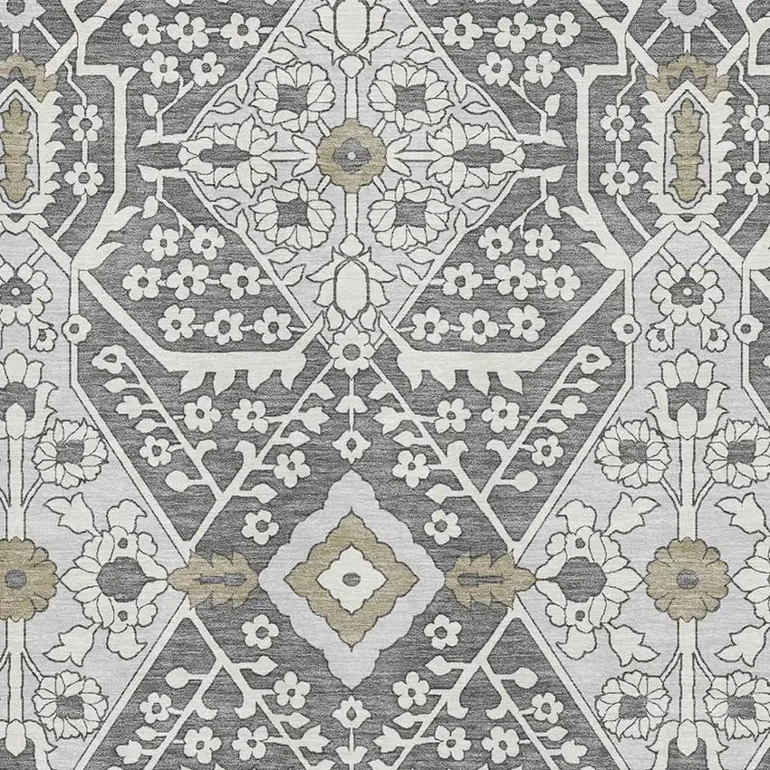 Charcoal Ivory And Gray Floral Washable Area Rug With UV Protection Photo 4