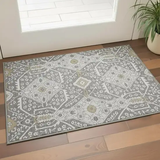 Charcoal Ivory And Gray Floral Washable Area Rug With UV Protection Photo 1