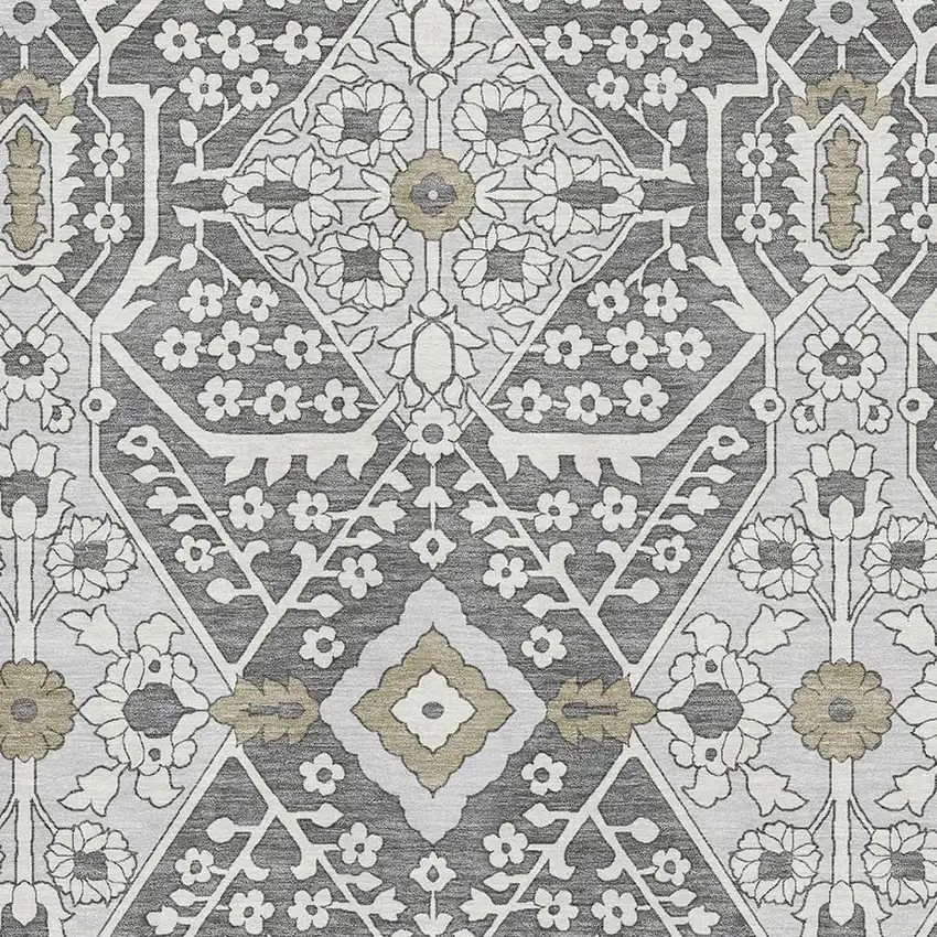 Charcoal Ivory And Gray Floral Washable Area Rug With UV Protection Photo 4