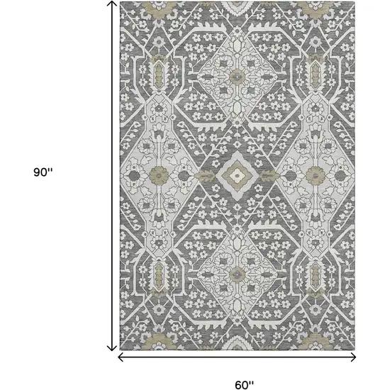 Charcoal Ivory And Gray Floral Washable Area Rug With UV Protection Photo 3