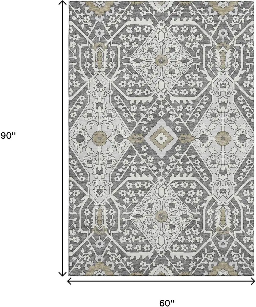 Charcoal Ivory And Gray Floral Washable Area Rug With UV Protection Photo 3