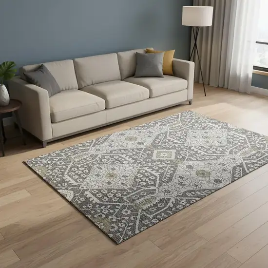 Charcoal Ivory And Gray Floral Washable Area Rug With UV Protection Photo 1