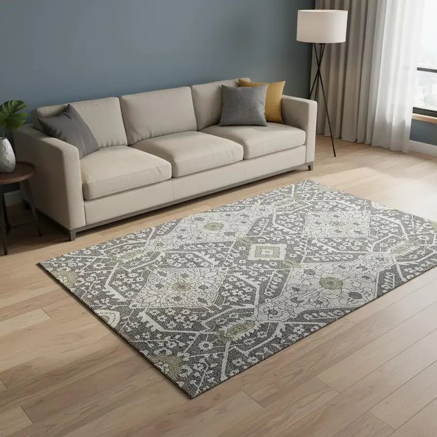 Charcoal Ivory And Gray Floral Washable Area Rug With UV Protection Photo 1