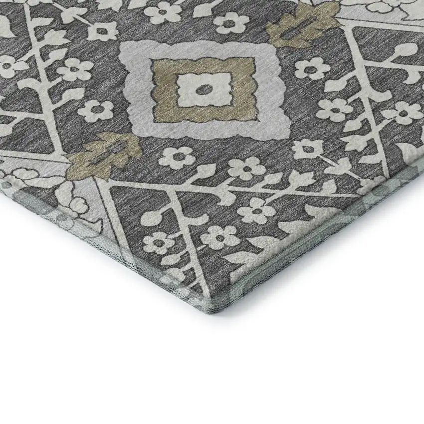 Charcoal Ivory And Gray Floral Washable Area Rug With UV Protection Photo 9