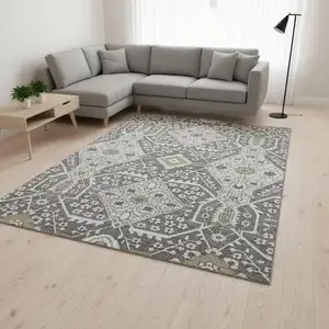 Photo of Charcoal Ivory And Gray Floral Washable Area Rug With UV Protection