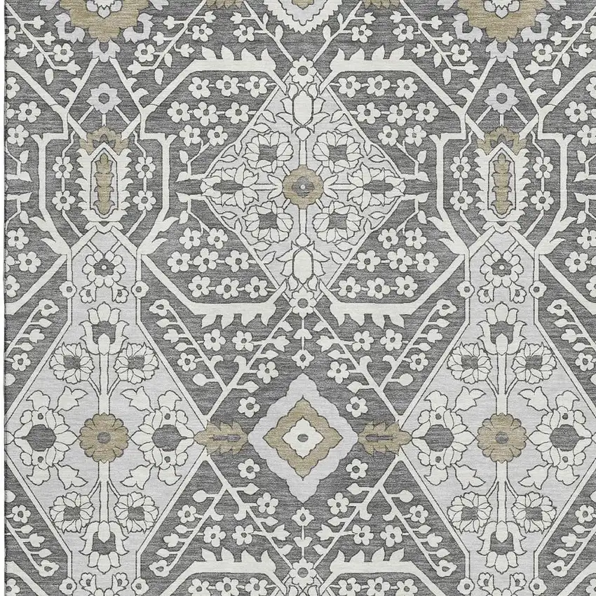 Charcoal Ivory And Gray Floral Washable Area Rug With UV Protection Photo 4