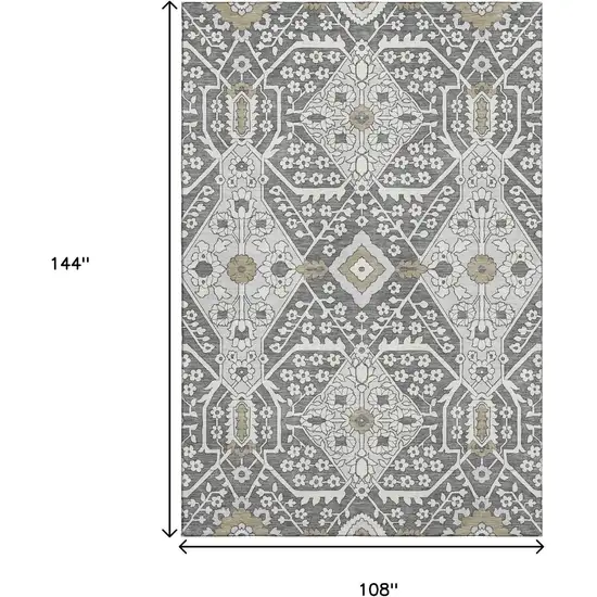 Charcoal Ivory And Gray Floral Washable Area Rug With UV Protection Photo 3