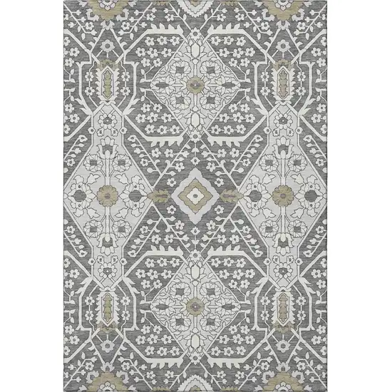 Charcoal Ivory And Gray Floral Washable Area Rug With UV Protection Photo 5