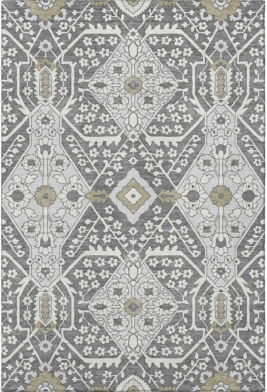 Charcoal Ivory And Gray Floral Washable Area Rug With UV Protection Photo 5