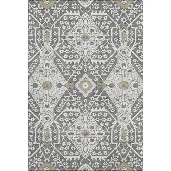 Charcoal Ivory And Gray Floral Washable Area Rug With UV Protection Photo 2