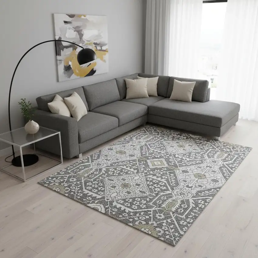 Charcoal Ivory And Gray Floral Washable Area Rug With UV Protection Photo 1