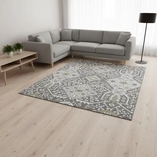 Charcoal Ivory And Gray Floral Washable Area Rug With UV Protection Photo 1