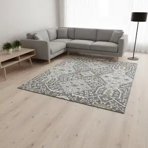 Photo of Charcoal Ivory And Gray Floral Washable Area Rug With UV Protection