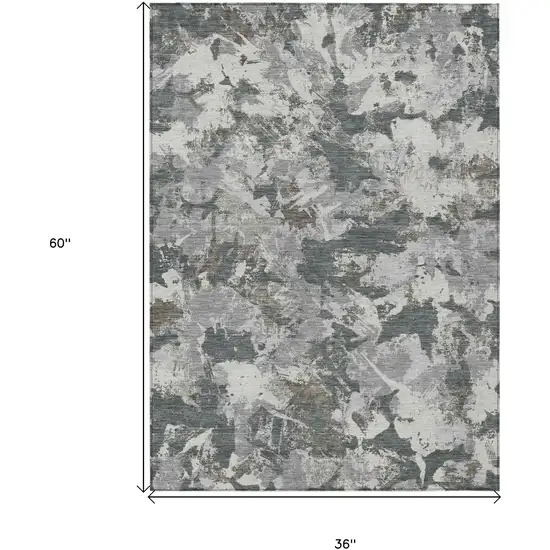 Charcoal Ivory And Gray Floral Washable Indoor Outdoor Area Rug Photo 3