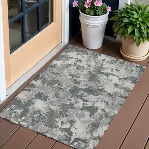 Photo of Charcoal Ivory And Gray Floral Washable Indoor Outdoor Area Rug