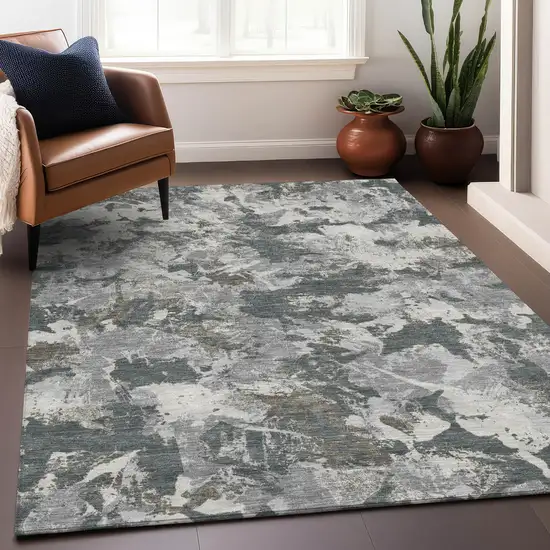 Charcoal Ivory And Gray Floral Washable Indoor Outdoor Area Rug Photo 9