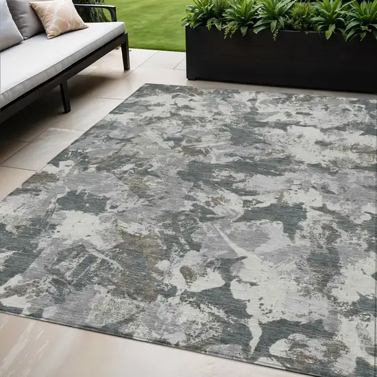 Charcoal Ivory And Gray Floral Washable Indoor Outdoor Area Rug Photo 1