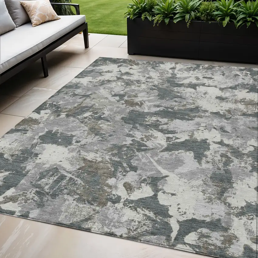 Charcoal Ivory And Gray Floral Washable Indoor Outdoor Area Rug Photo 1