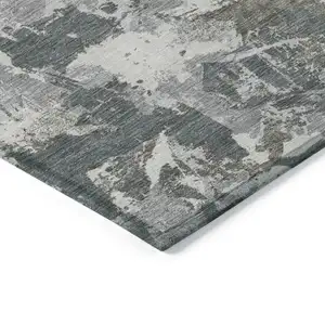Photo of Charcoal Ivory And Gray Floral Washable Indoor Outdoor Area Rug