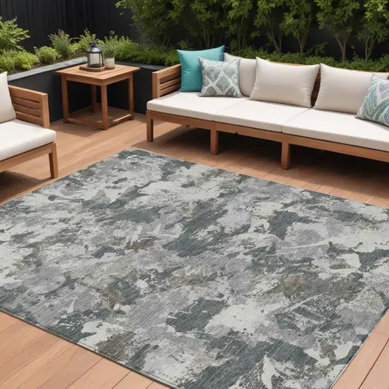 Charcoal Ivory And Gray Floral Washable Indoor Outdoor Area Rug Photo 1