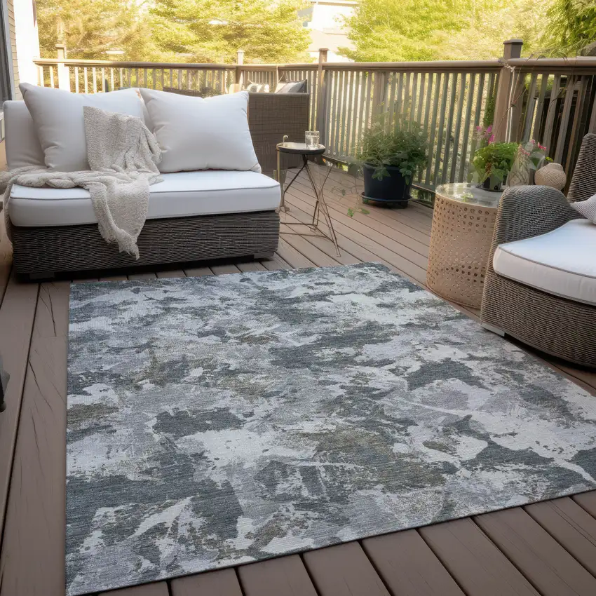Charcoal Ivory And Gray Floral Washable Indoor Outdoor Area Rug Photo 9