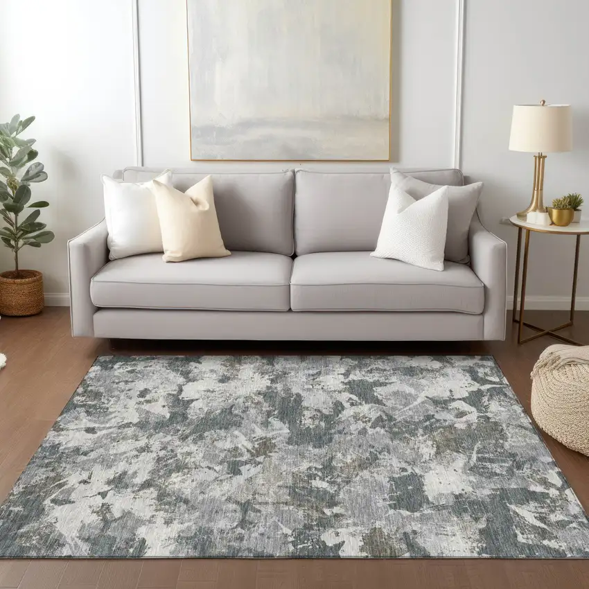 Charcoal Ivory And Gray Floral Washable Indoor Outdoor Area Rug Photo 8