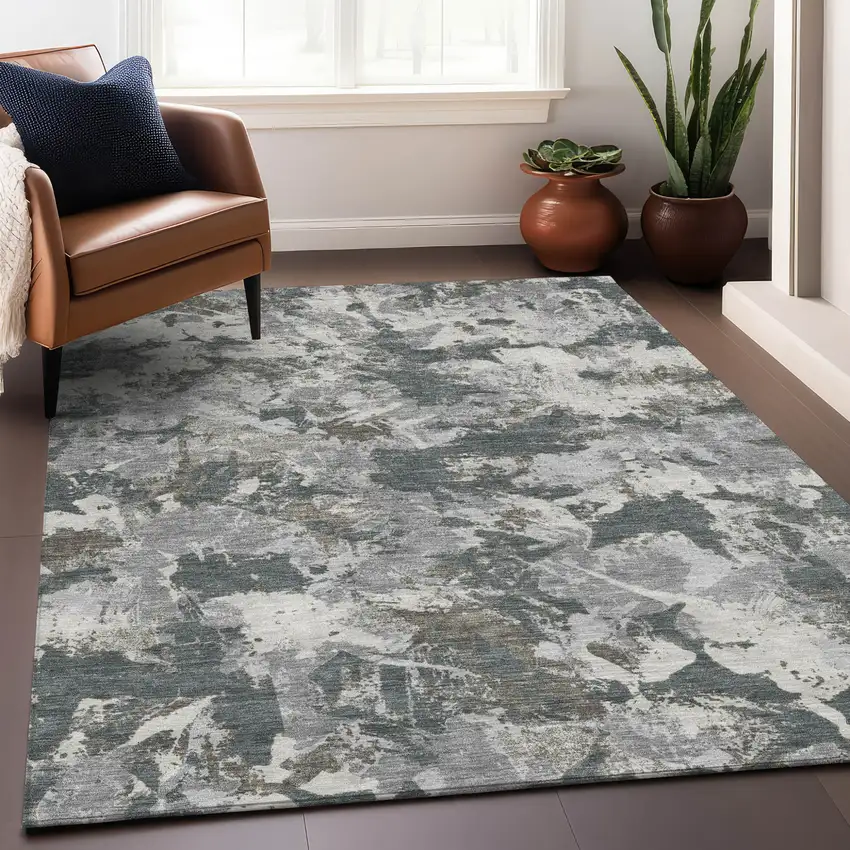 Charcoal Ivory And Gray Floral Washable Indoor Outdoor Area Rug Photo 7