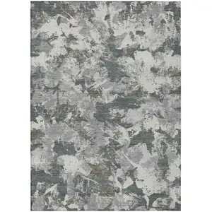 Photo of Charcoal Ivory And Gray Floral Washable Indoor Outdoor Area Rug