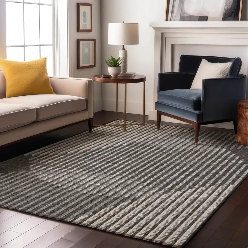 Charcoal Ivory And Gray Geometric Washable Area Rug With UV Protection Photo 4