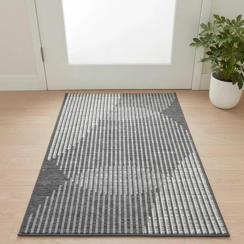 Charcoal Ivory And Gray Geometric Washable Area Rug With UV Protection Photo 2