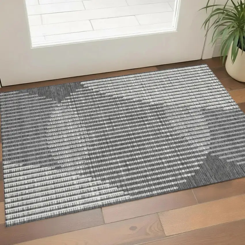 Charcoal Ivory And Gray Geometric Washable Area Rug With UV Protection Photo 1