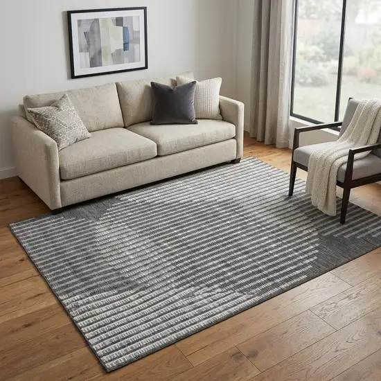 Charcoal Ivory And Gray Geometric Washable Area Rug With UV Protection Photo 1