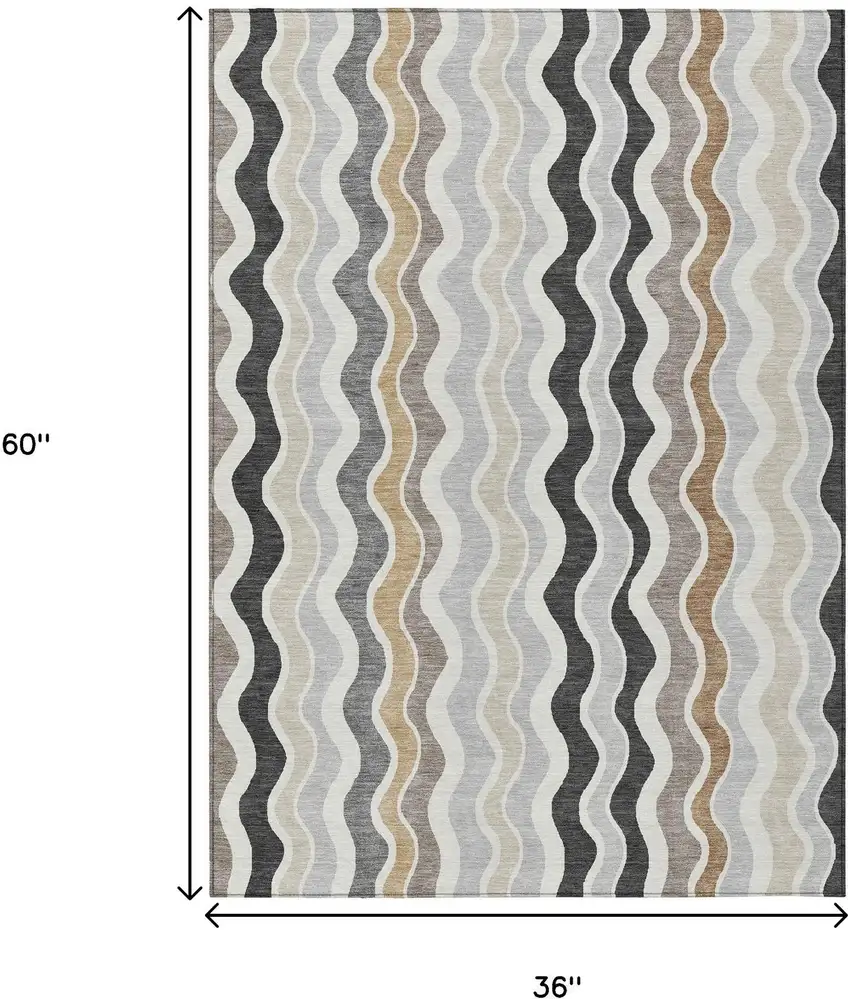 Charcoal Ivory And Gray Striped Washable Indoor Outdoor Area Rug Photo 3