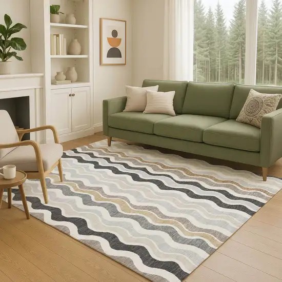 Charcoal Ivory And Gray Striped Washable Indoor Outdoor Area Rug Photo 8
