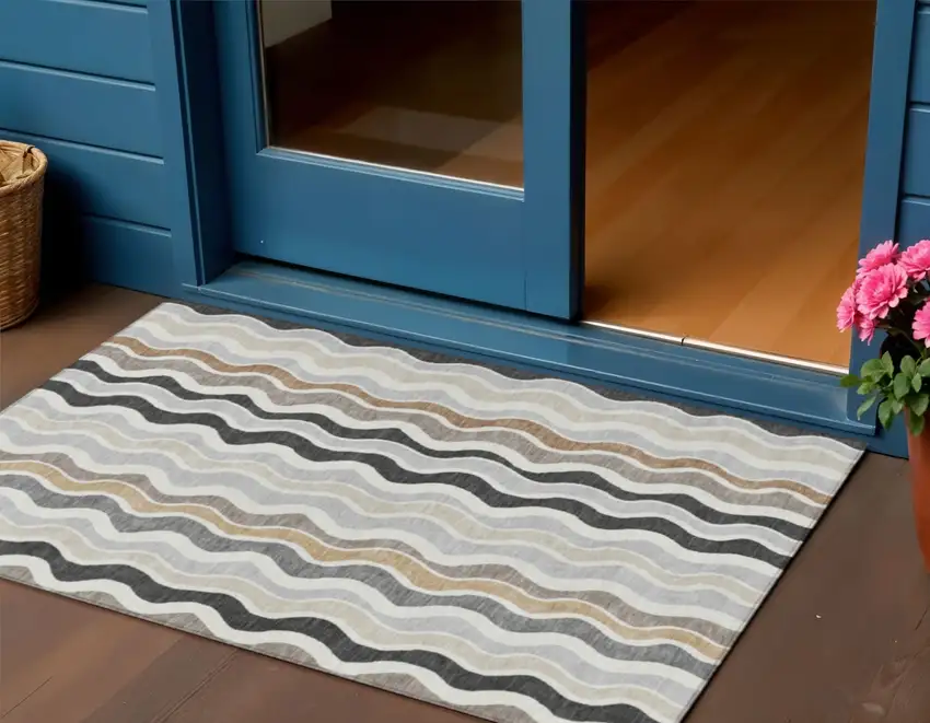 Charcoal Ivory And Gray Striped Washable Indoor Outdoor Area Rug Photo 1