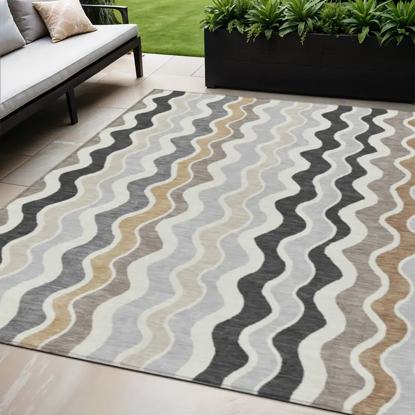 Charcoal Ivory And Gray Striped Washable Indoor Outdoor Area Rug Photo 1