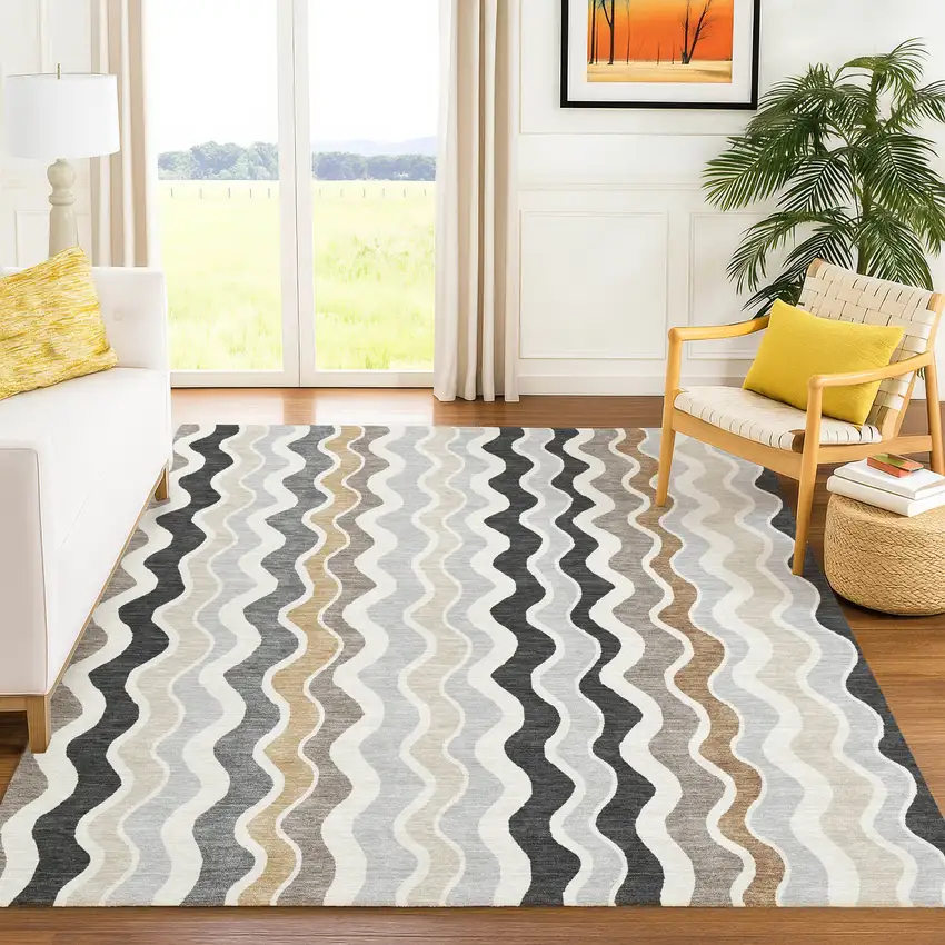 Charcoal Ivory And Gray Striped Washable Indoor Outdoor Area Rug Photo 9