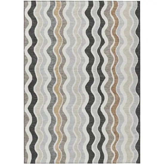 Charcoal Ivory And Gray Striped Washable Indoor Outdoor Area Rug Photo 2