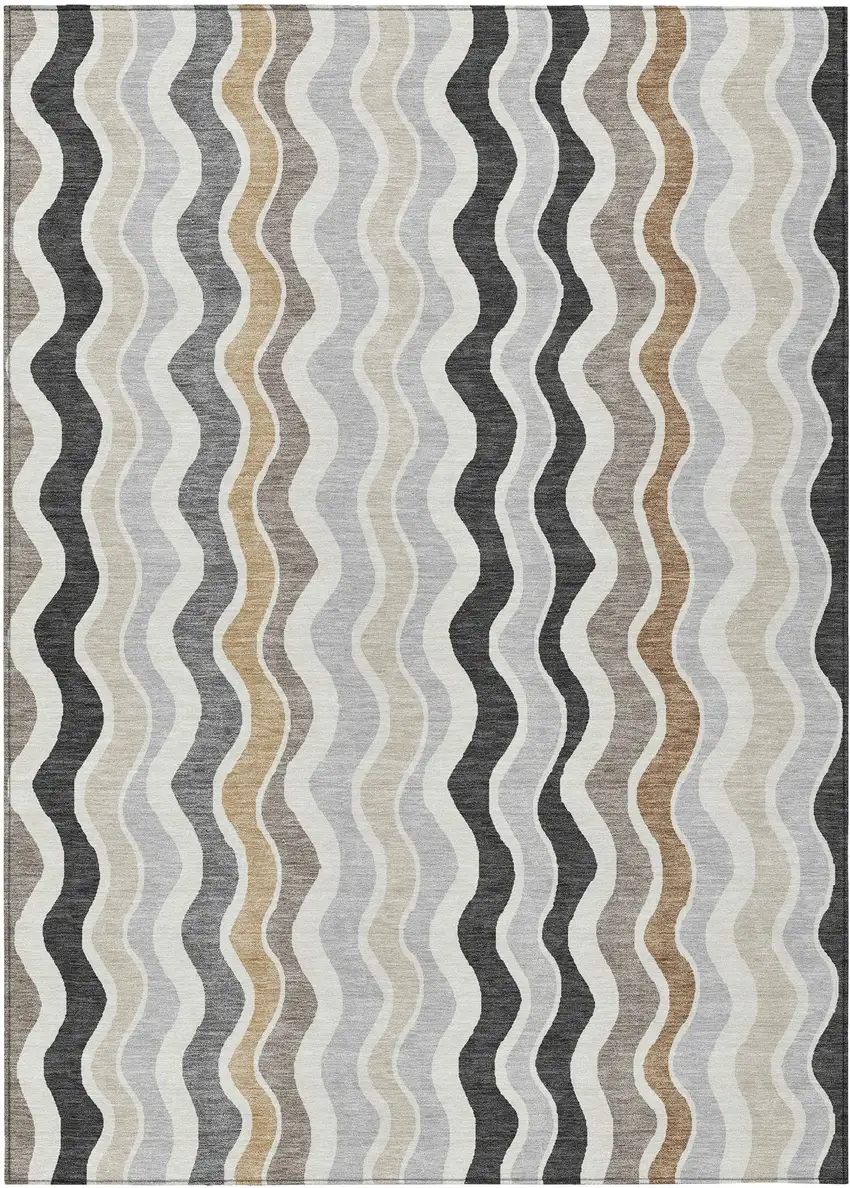 Charcoal Ivory And Gray Striped Washable Indoor Outdoor Area Rug Photo 2