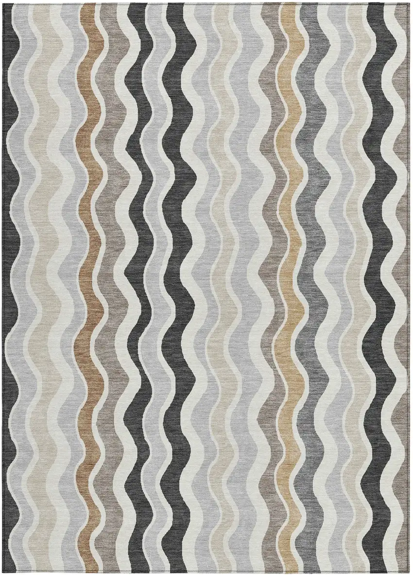 Charcoal Ivory And Gray Striped Washable Indoor Outdoor Area Rug Photo 4