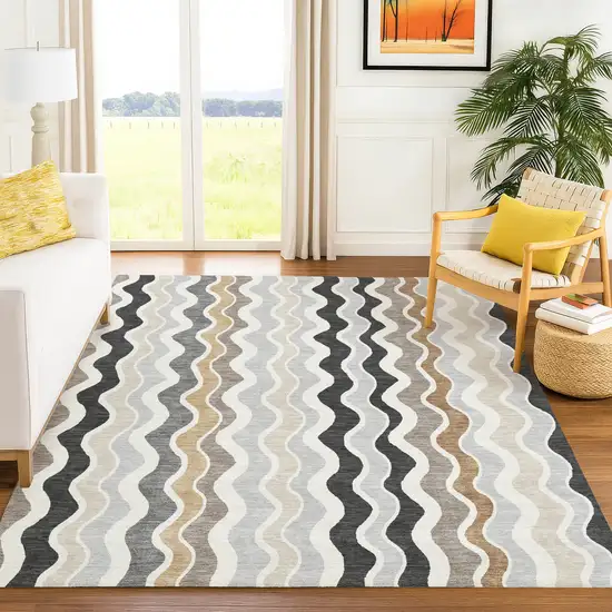 Charcoal Ivory And Gray Striped Washable Indoor Outdoor Area Rug Photo 9