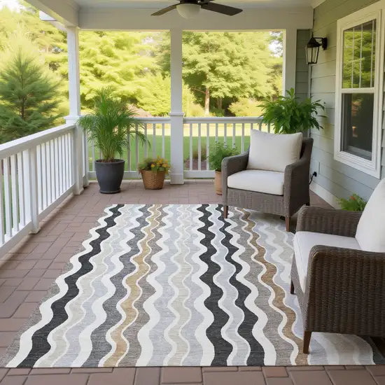 Charcoal Ivory And Gray Striped Washable Indoor Outdoor Area Rug Photo 9