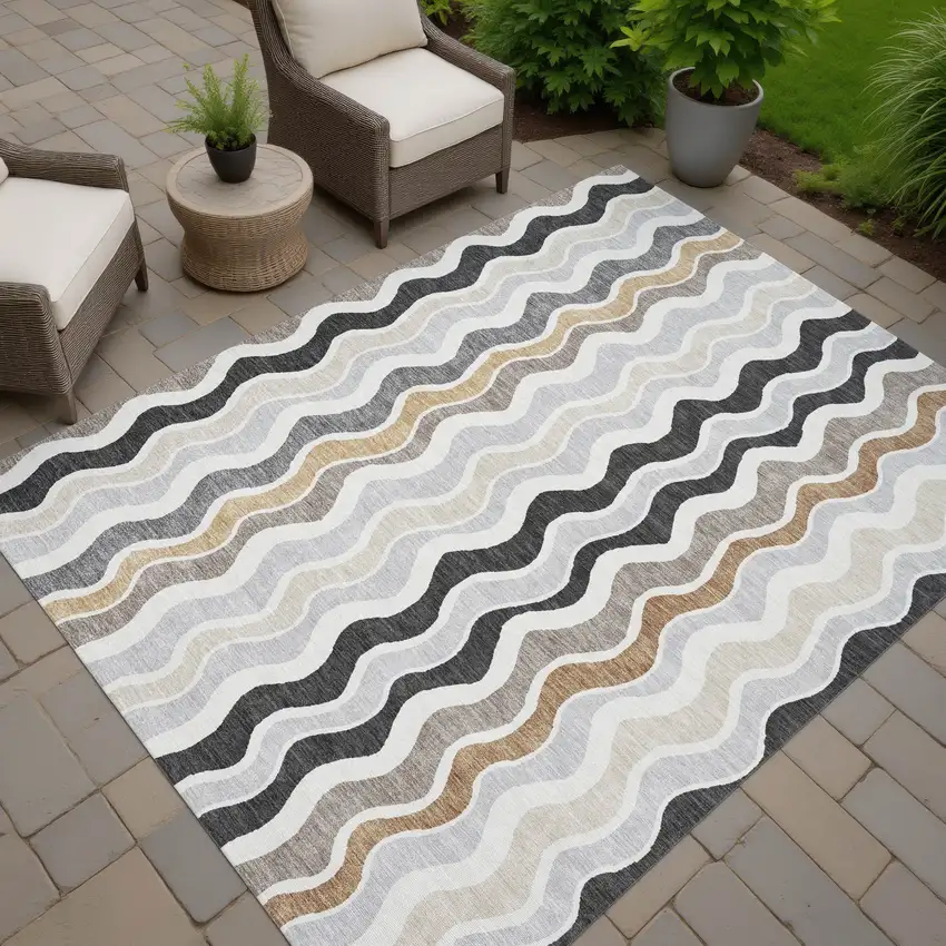 Charcoal Ivory And Gray Striped Washable Indoor Outdoor Area Rug Photo 7