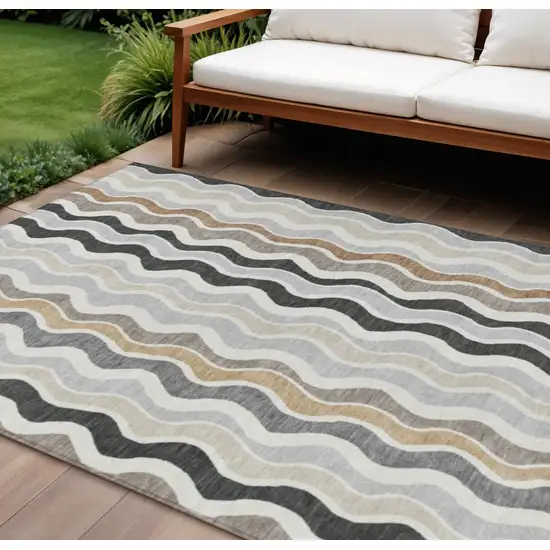 Charcoal Ivory And Gray Striped Washable Indoor Outdoor Area Rug Photo 1