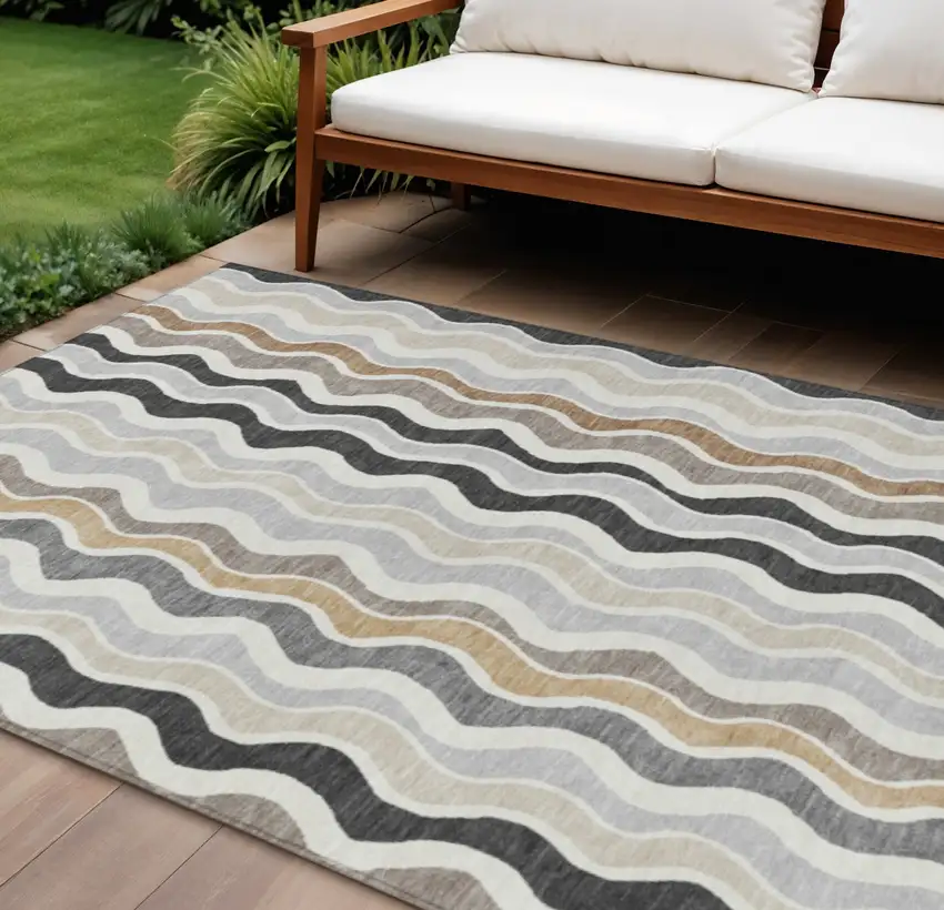 Charcoal Ivory And Gray Striped Washable Indoor Outdoor Area Rug Photo 1